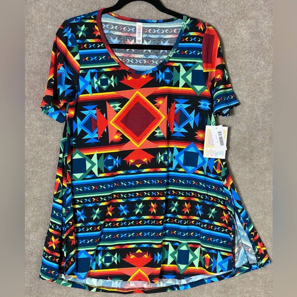 LuLaRoe Women's Shirt Size XS Blue with Red Diamonds and Yellow Accent NWT.